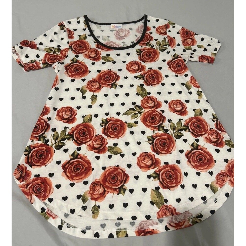 LuLaRoe Perfect T Tunic Top Womens XS Valentine Red Roses Black Hearts Swing